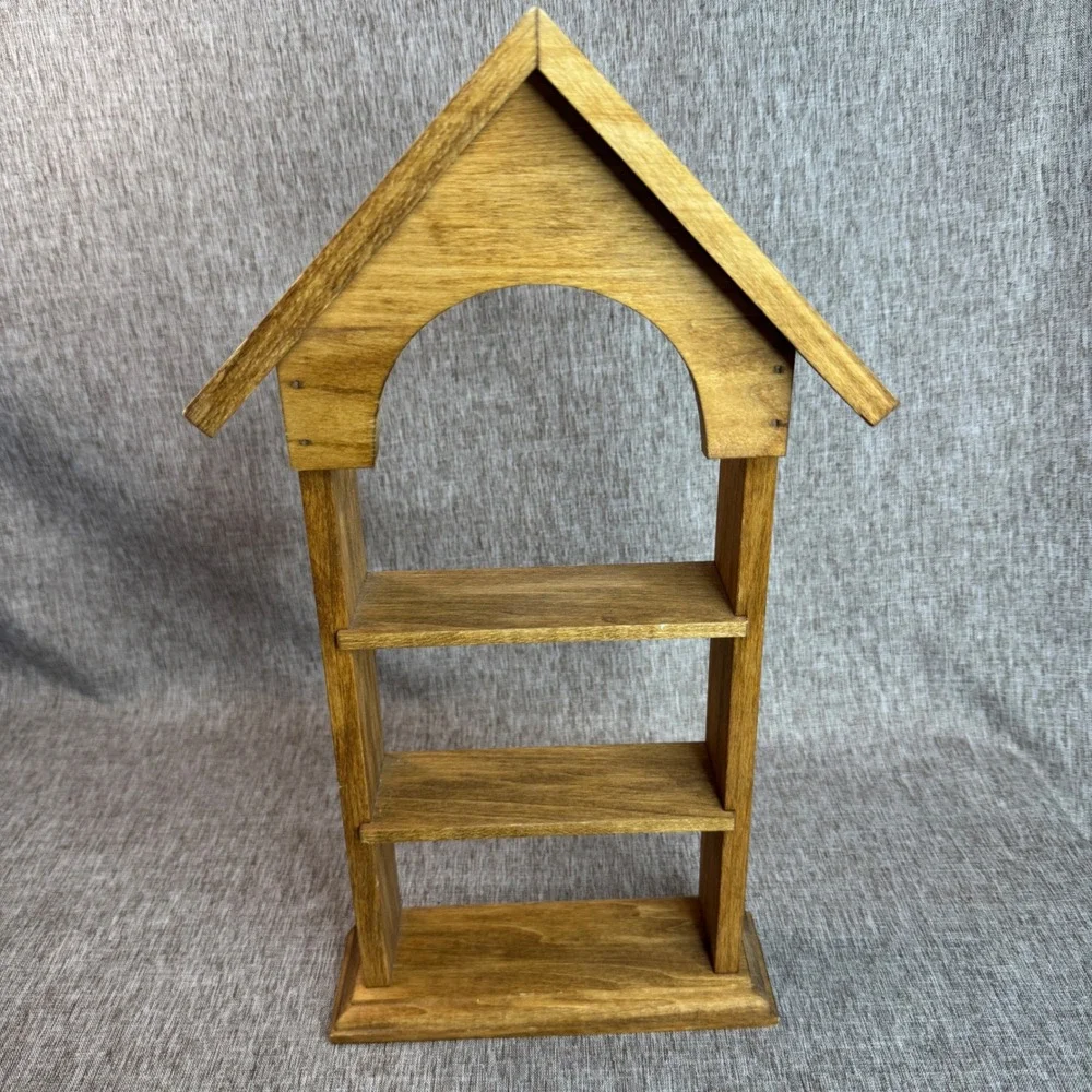 Vintage Wooden House Display Shelf 3 Tier Brown Stained Trinket Curio Stand